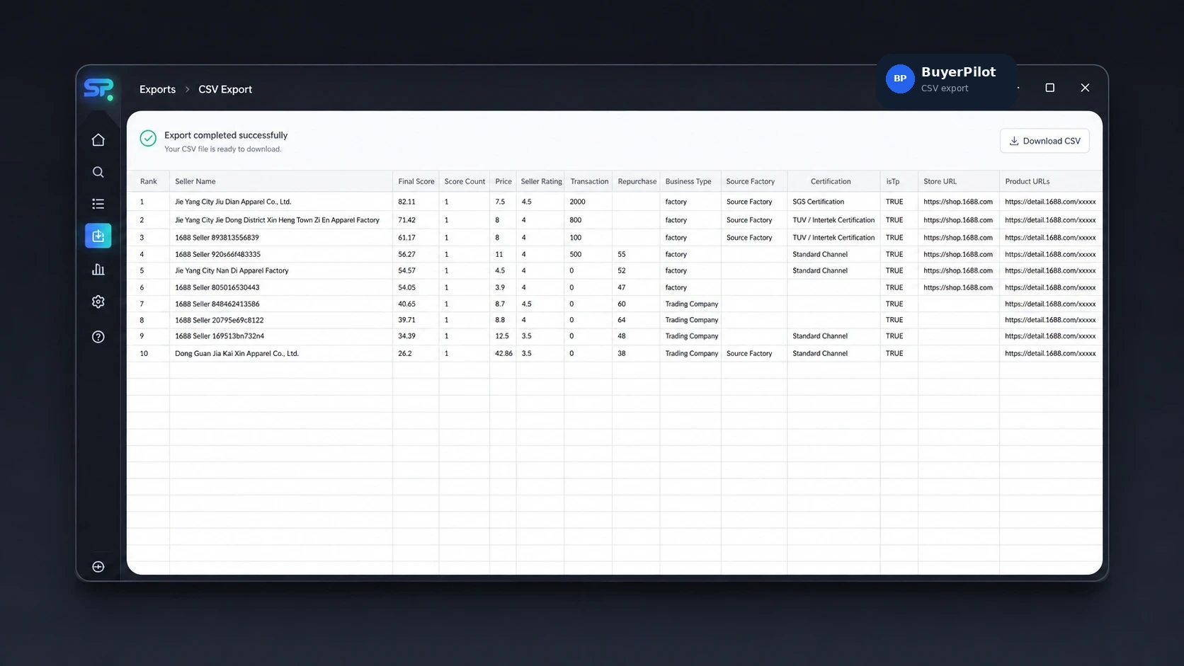 BuyerPilot supplier comparison exported to a spreadsheet