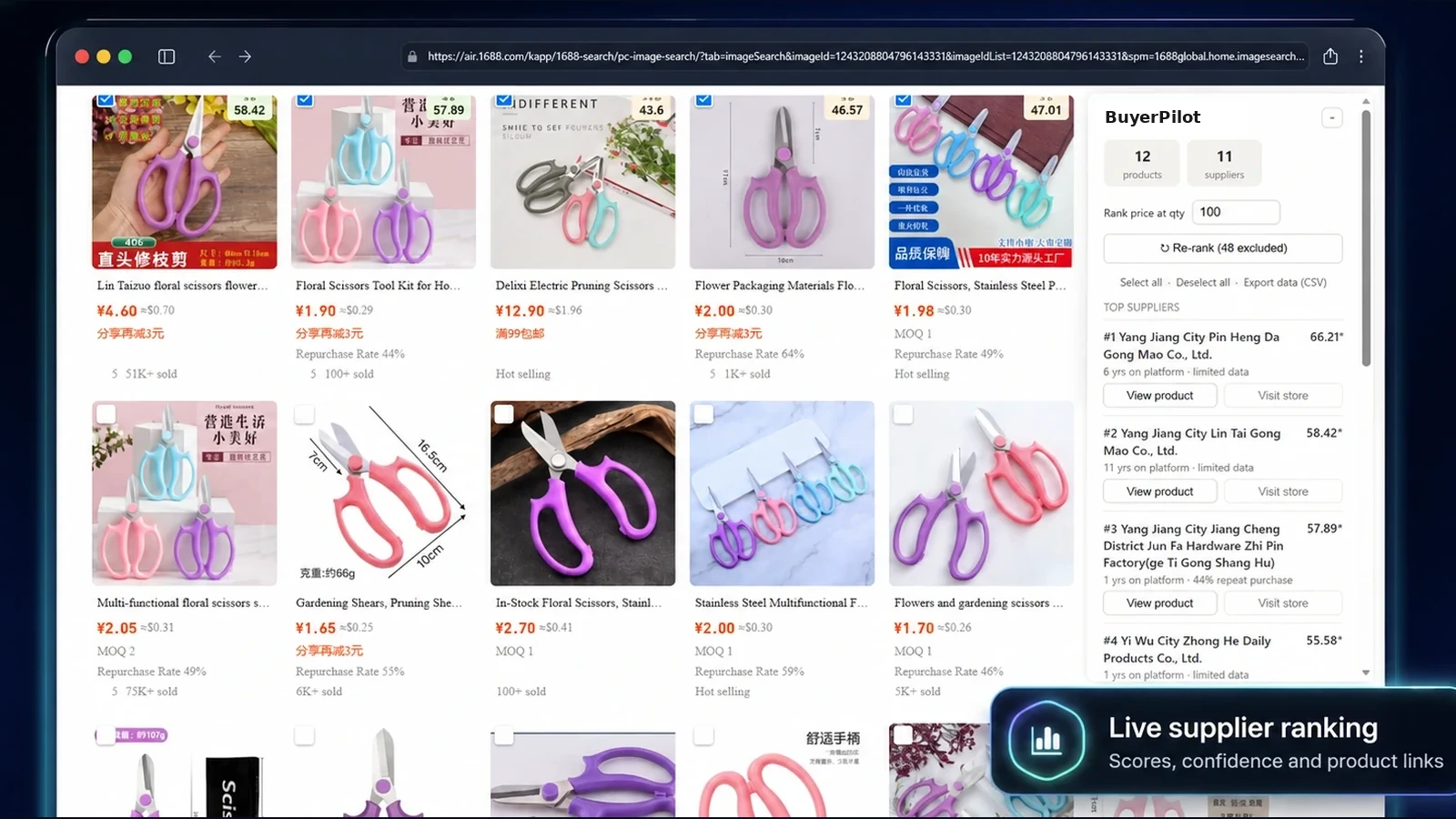 Actual 1688 search results with selected products and the BuyerPilot supplier ranking panel